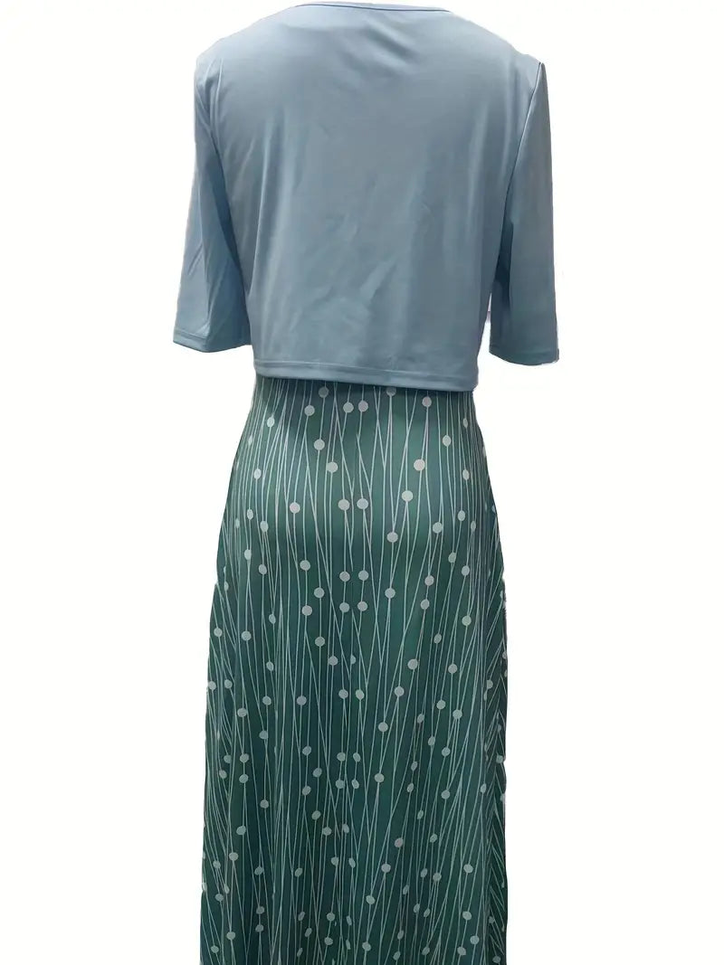 Chic Floral Two-Piece Dress Set Featuring Solid Crop Top and Round Neck