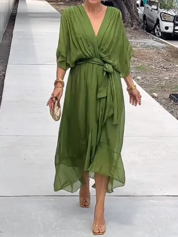 Women's Green Summer V-Neck Chiffon Dress