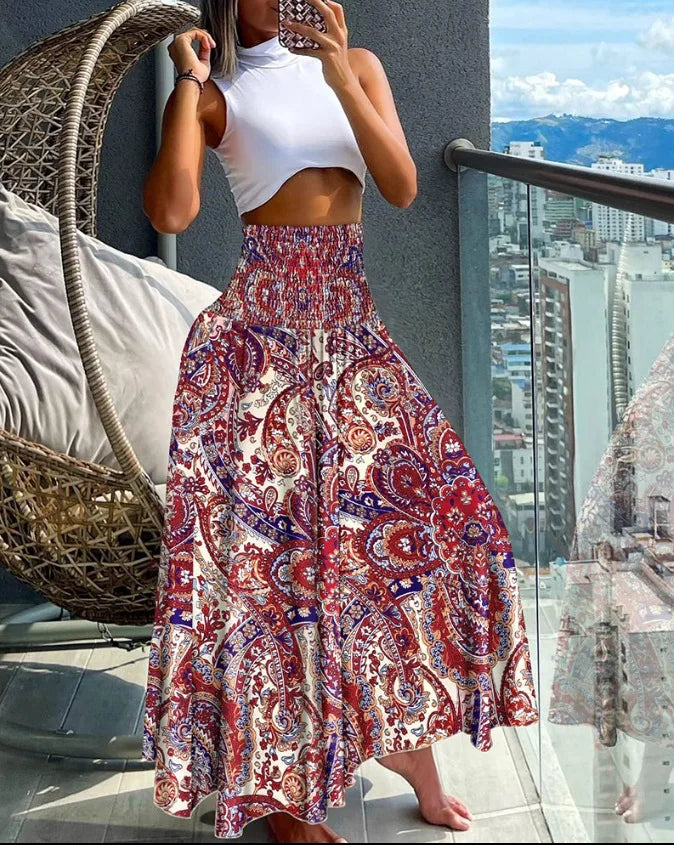 Chic High-Waisted A-Line Skirt with Elastic Waist and Elegant Flow
