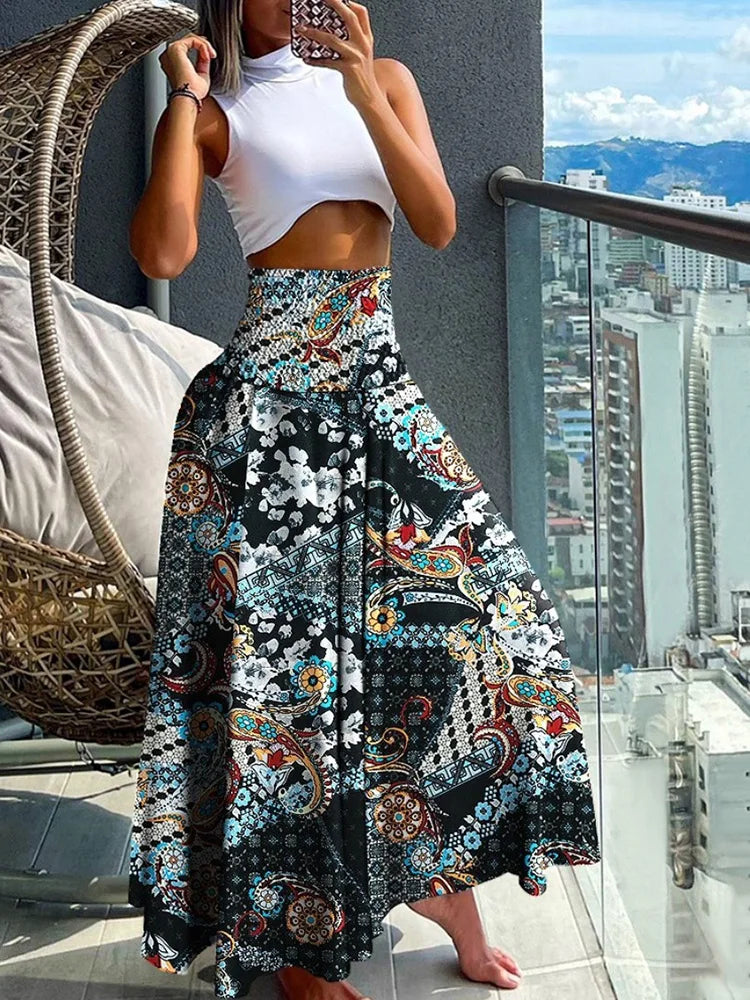 Chic High-Waisted A-Line Skirt with Elastic Waist and Elegant Flow