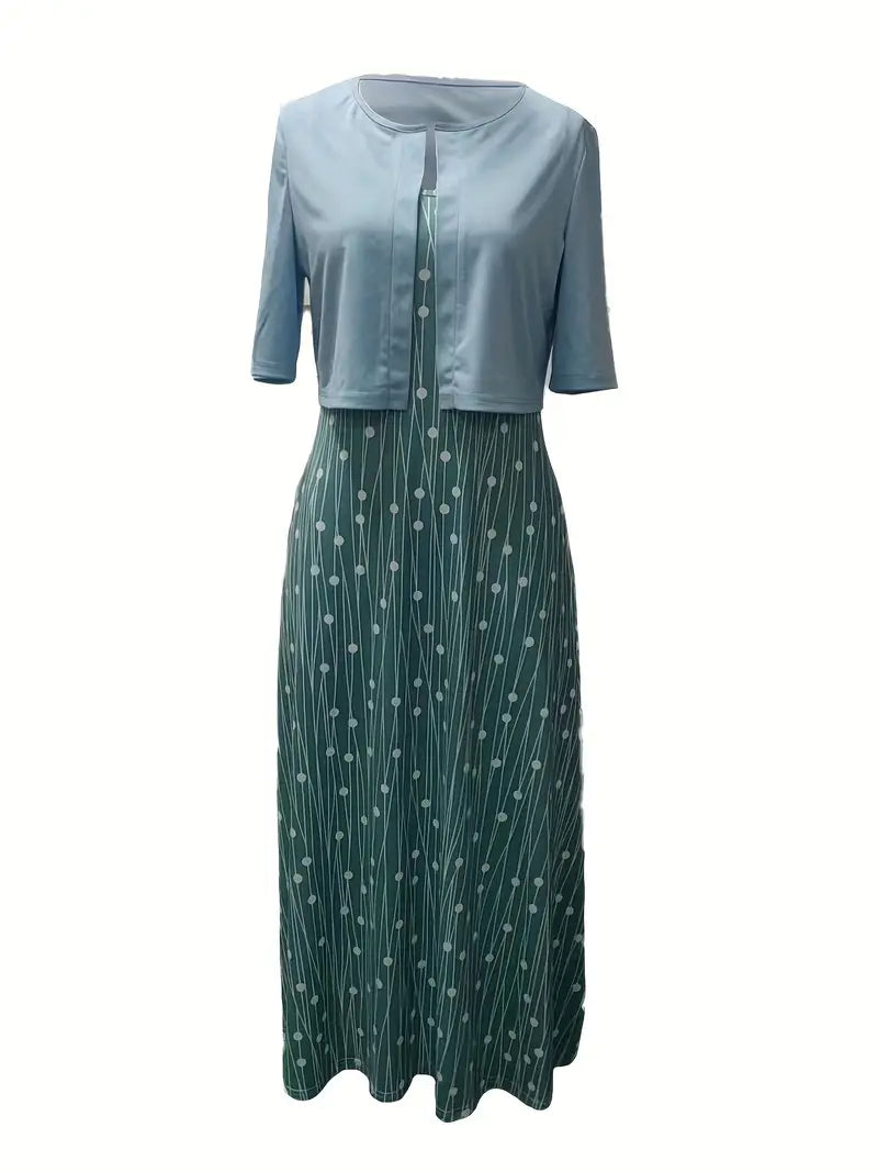 Chic Floral Two-Piece Dress Set Featuring Solid Crop Top and Round Neck