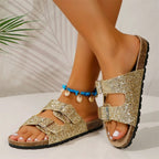 Women's Sequin Sandals with Double Buckle Design